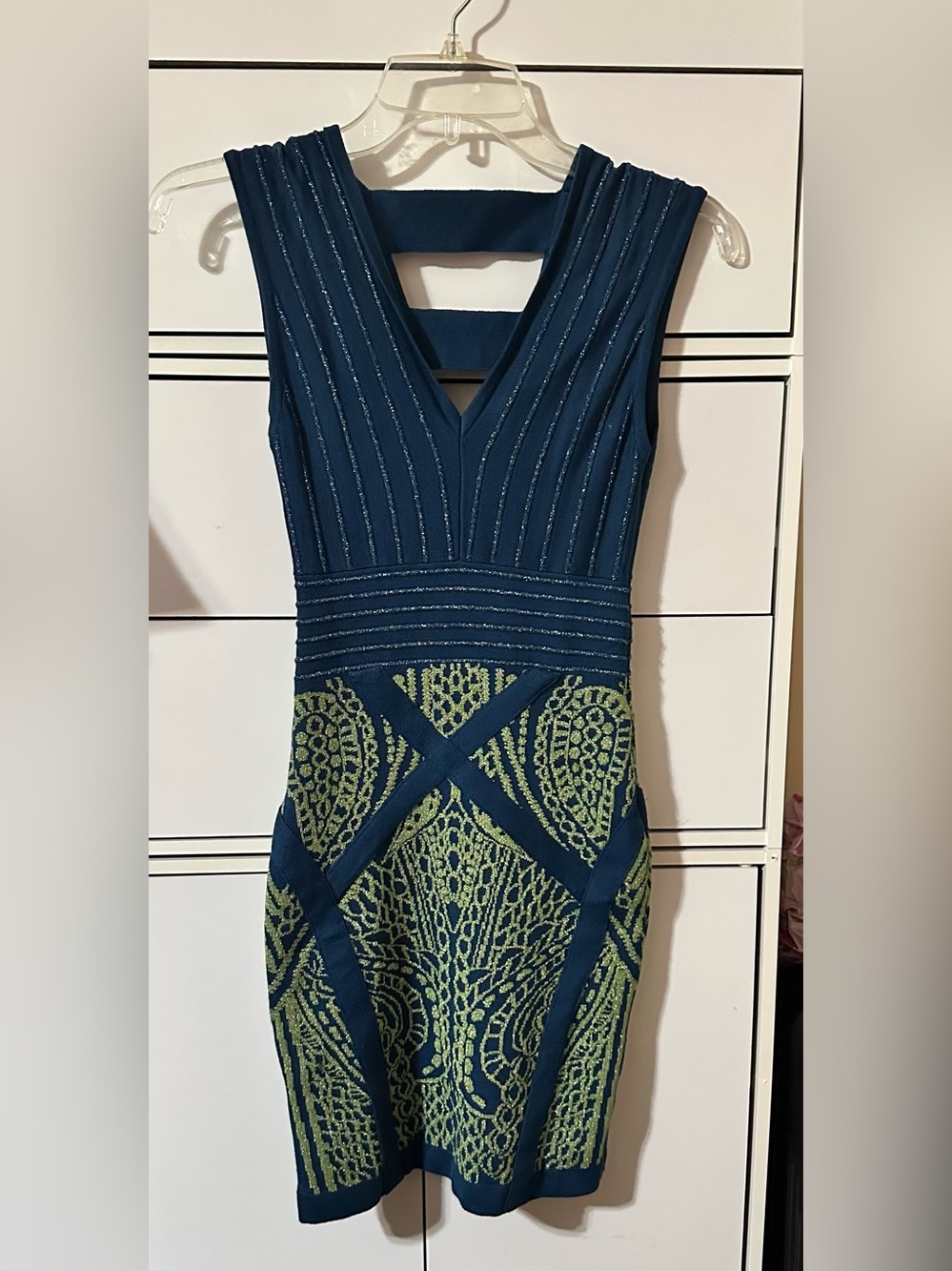 Sleeveless Teal Mini bandage Dress with Lime Green Pattern